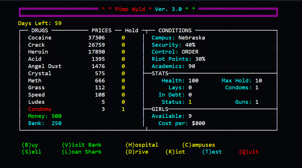 Pimp Wyld 3.0 campus dashboard showing market prices, player stats, and command menu