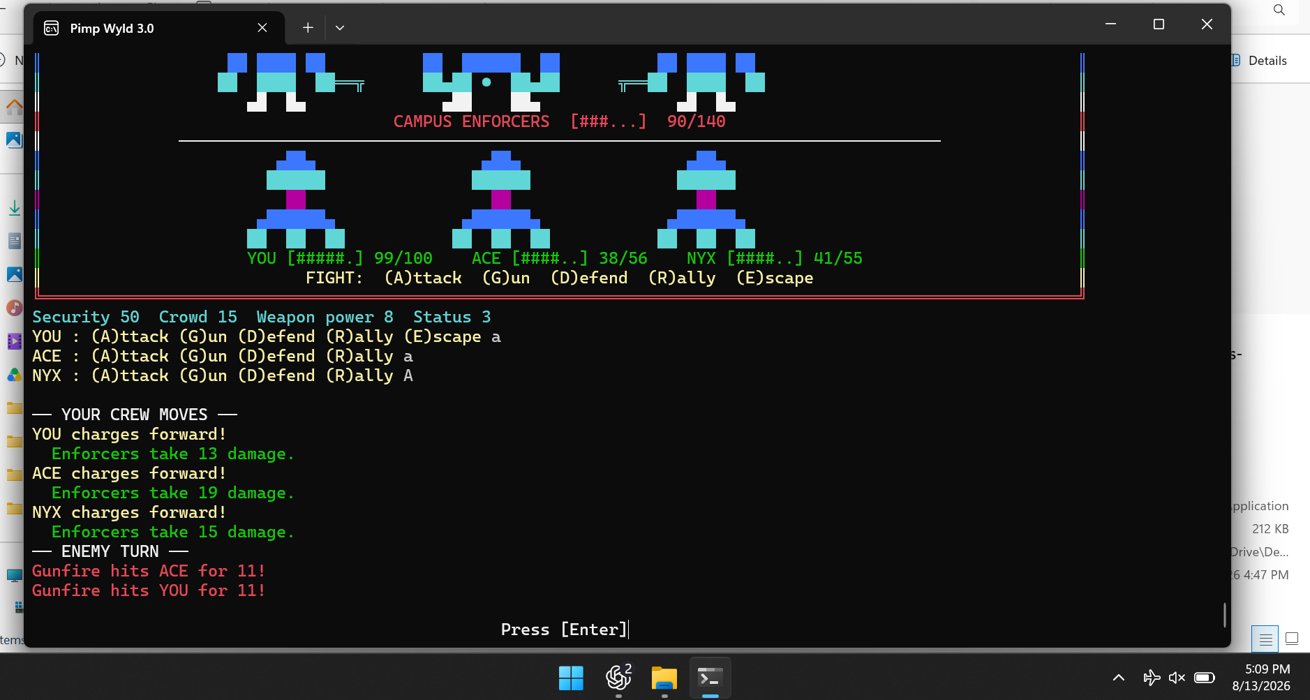 Pimp Wyld 3.0 turn-based riot combat in a Windows terminal